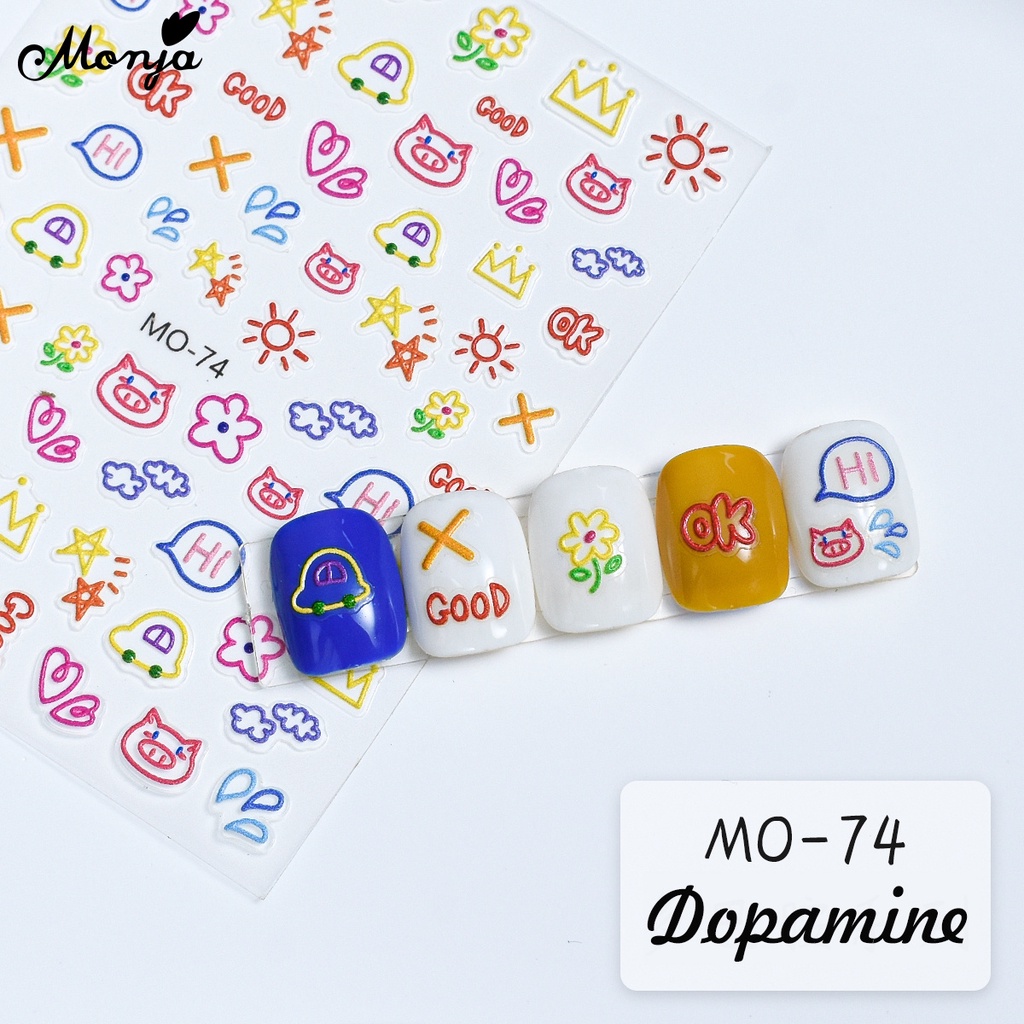 Hình dán móng dopamine MONJA tự dính họa tiết hoạt hình nổi 5D 6 kiểu dáng dễ thương trang trí nghệ thuật