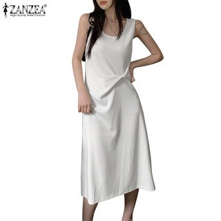 Zanzea phụ nữ hàn quốc kỳ nghỉ hàng ngày màu rắn váy không tay cổ chữ u xoắn
