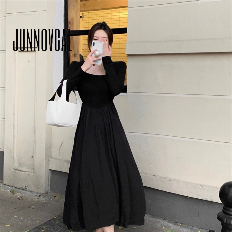 Đầm nữ JUNNOVGAL tay dài eo thon co giãn thời trang mới cao cấp 2023