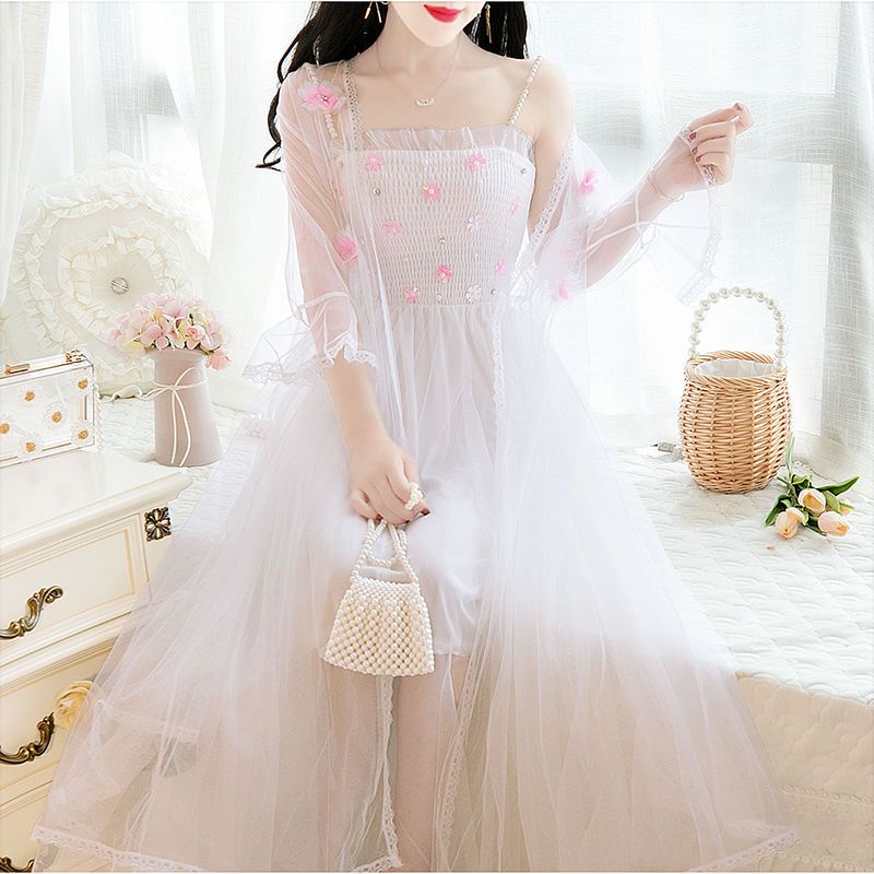 Set Đầm Hoa Hai Dây + Áo Khoác cardigan Chống Nắng Thời Trang Mùa Hè Cho Nữ