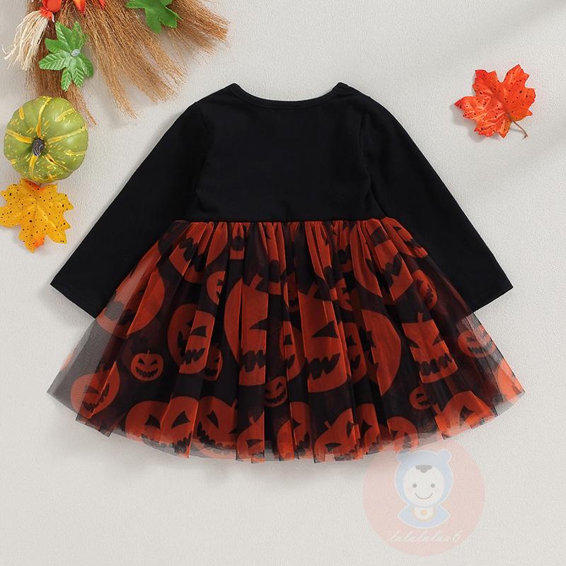 Đầm Xòe Chữ a Tay Dài Cổ Tròn Họa Tiết halloween laa6 Cho Bé Gái