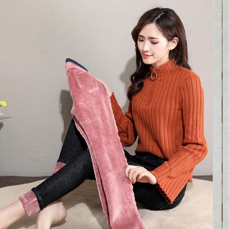 Women's high-waisted fleece jeans blue / black stretch quần cắt