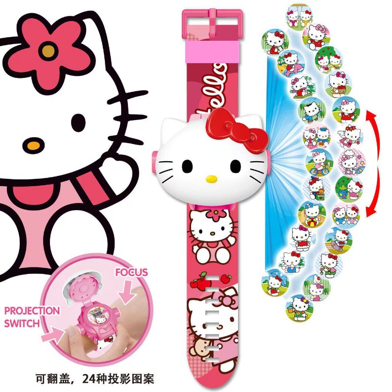 Kawaii sanrio hello kitty toys set 3d flip projection đồng hồ kỹ thuật số cinnamoroll kuromi melody anime action figures mô hình toy kid gift