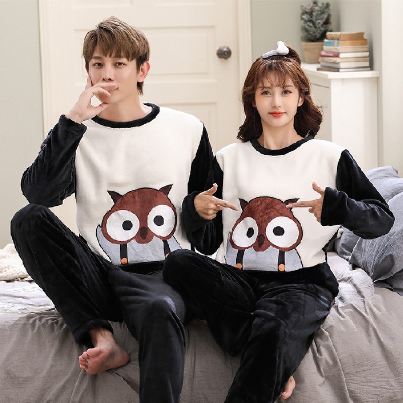 Autumn winter couple men women flannel warm long-sleeved pyjamas round neck pullover coral fleece loun