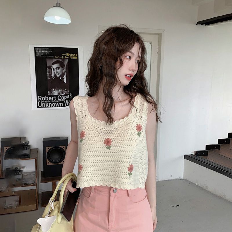 Hàng Có Sẵn Áo Dệt Kim Sát Nách Dáng Ngắn Khoét Lỗ Nhỏ Kiểu Pháp Thời Trang Mùa Hè Cho Nữ