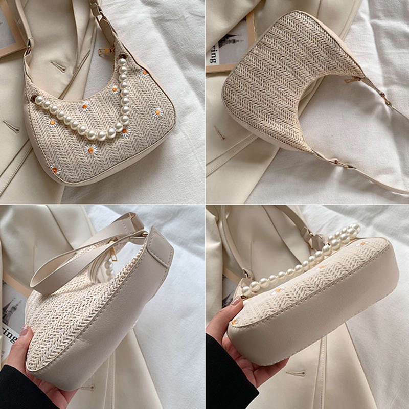 Túi Xách Đeo Dưới Cánh Tay In Hoa Cúc Đính Ngọc Trai Thời Trang Cho Nữ