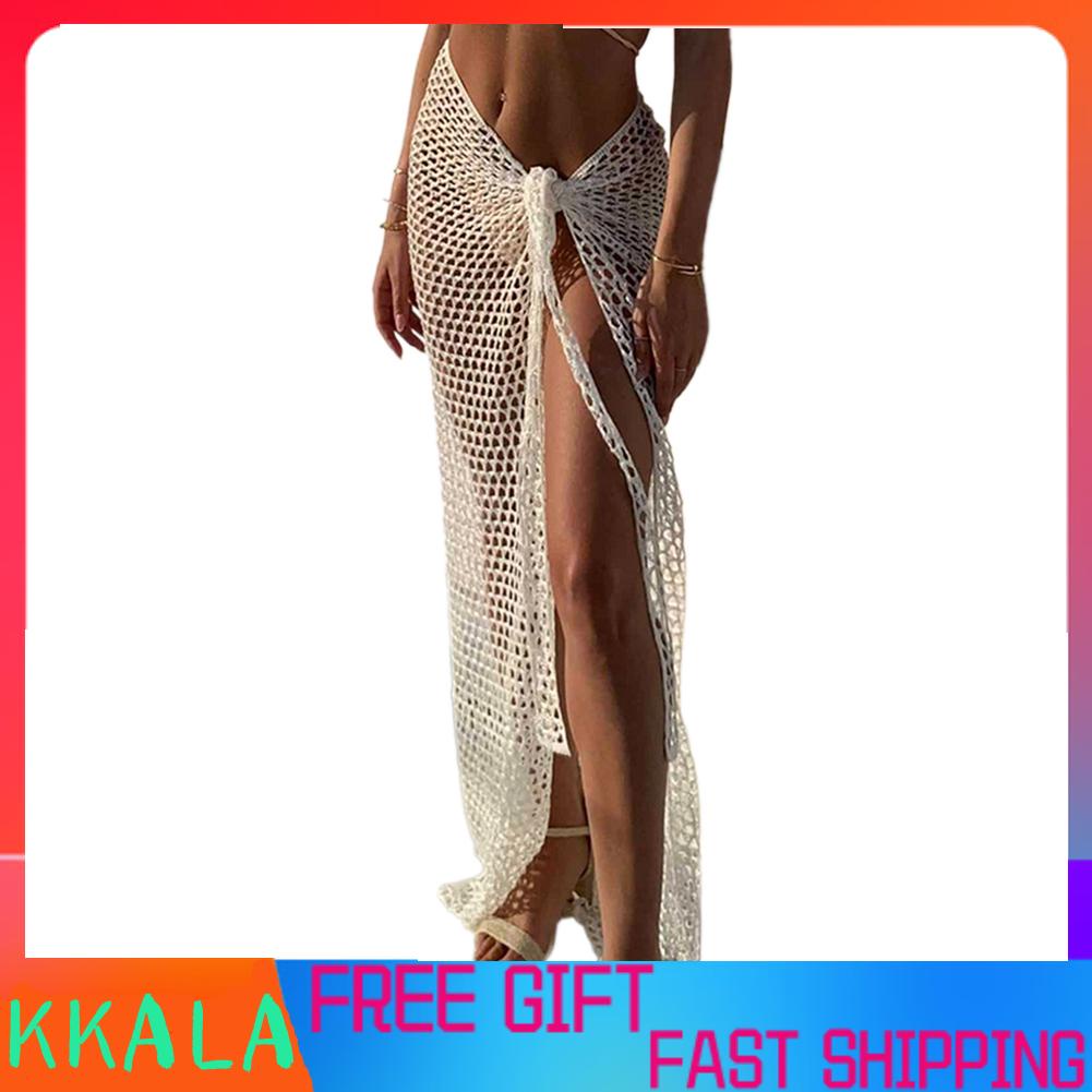 White Beach Vacation Sexy Perspective Mesh Hollow Slit Bandage Knit Mopping Skirt 2022