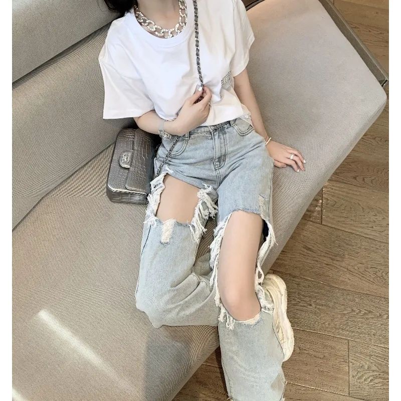 Quần Jean Dài Lưng Cao Dáng Rộng Thiết Kế Rách Thời Trang Mùa Hè Mới Cá Tính Cho Nữ