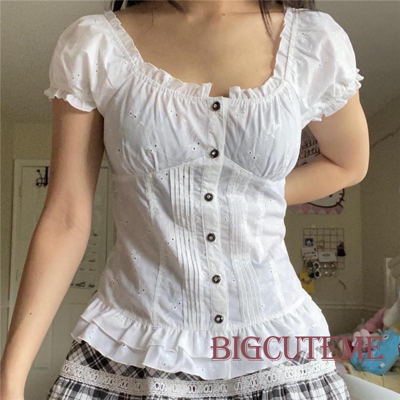 [] Áo Thun Ngắn Tay Cổ Chữ U Thắt Nơ Sau Lưng Phong Cách Ngọt Ngào Cho Nữ