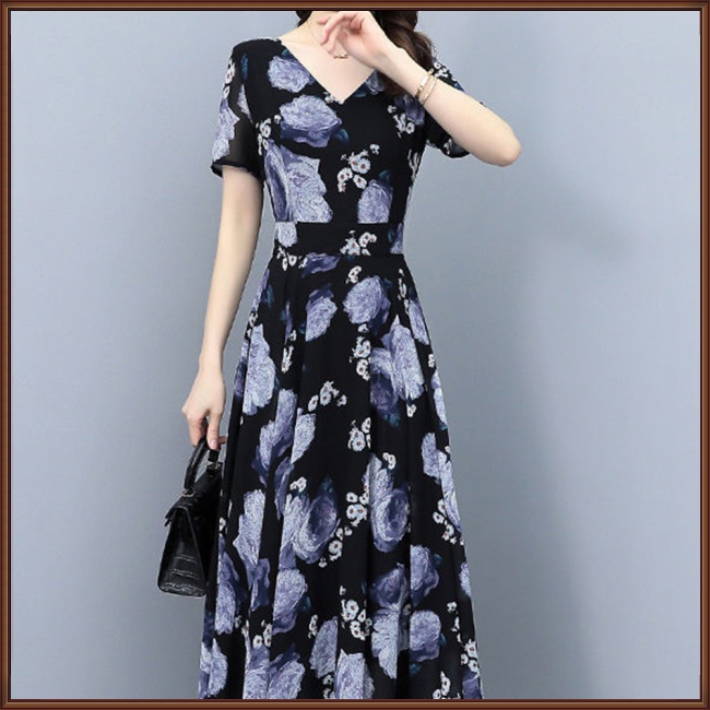 Đầm Dài Dáng Chữ A Tay Ngắn Cổ Chữ V Eo Cao In Hoa Dành Cho Nữ