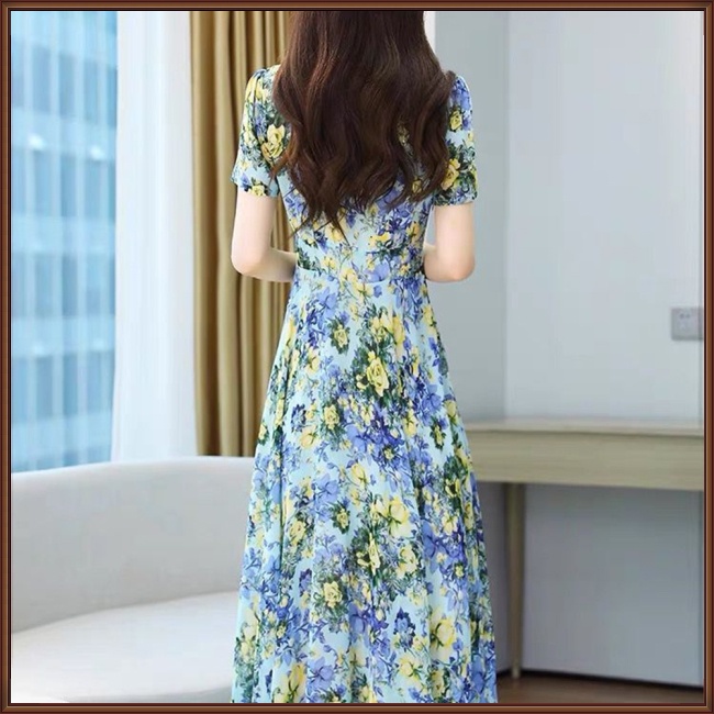 Đầm Midi Ngắn Tay Cổ Tròn Dáng Chữ A Eo Cao In Hoa Thời Trang Mùa Hè Dành Cho Nữ