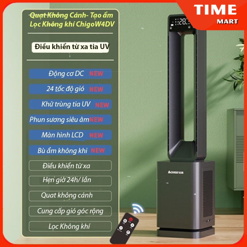 Quạt không cánh lọc không khí tạo ẩm 3IN1 CHIGO W4DV. 12 và 24 tốc độ gió. Hẹn giờ đa chức năng