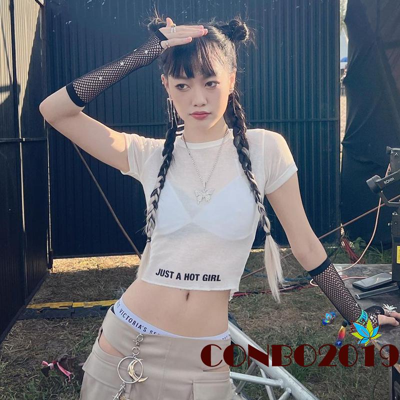 Áo Thun Crop Top Tay Ngắn Cổ Tròn In Chữ Nhìn Xuyên Thấu Thời Trang Mùa Hè Cho Nữ