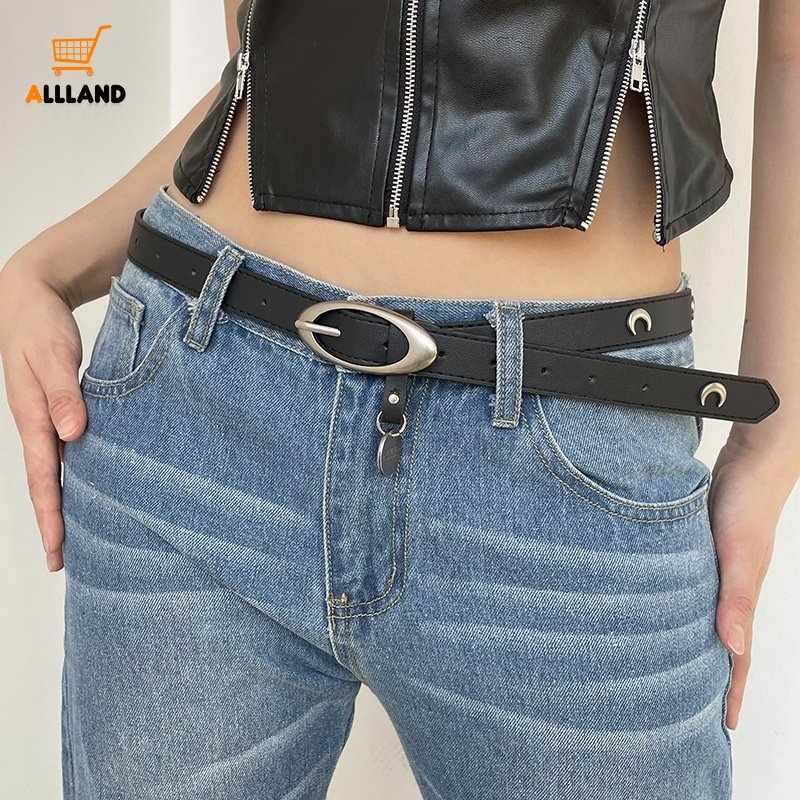 Thắt Lưng Da PU Khóa Kim Loại Hình Mặt Trăng Đen Phong Cách Gothic Cổ Điển Cho Nữ