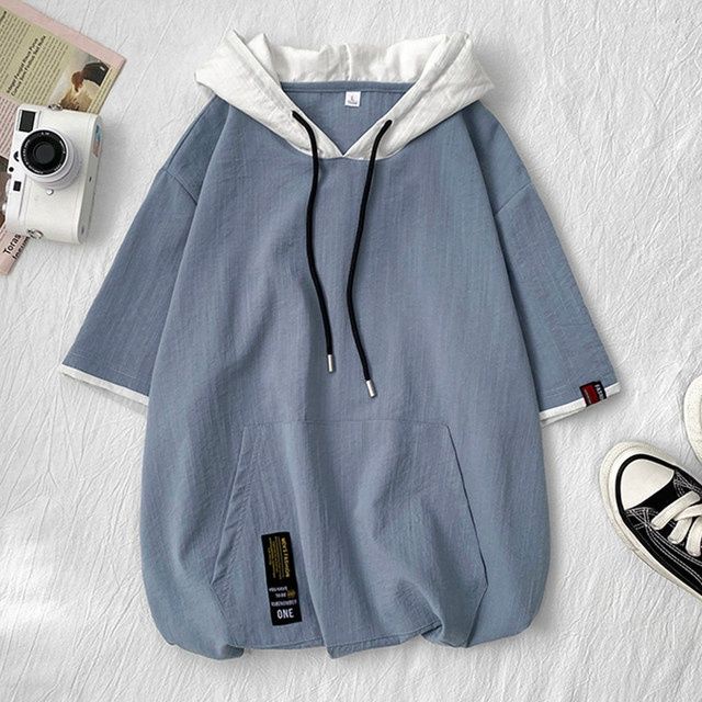 Áo phông ngắn tay thiết kế thích hợp S-2XL cho nam áo hoodie liền mũ thời trang phong cách Hàn Quốc đơn giản sạch tay đôi