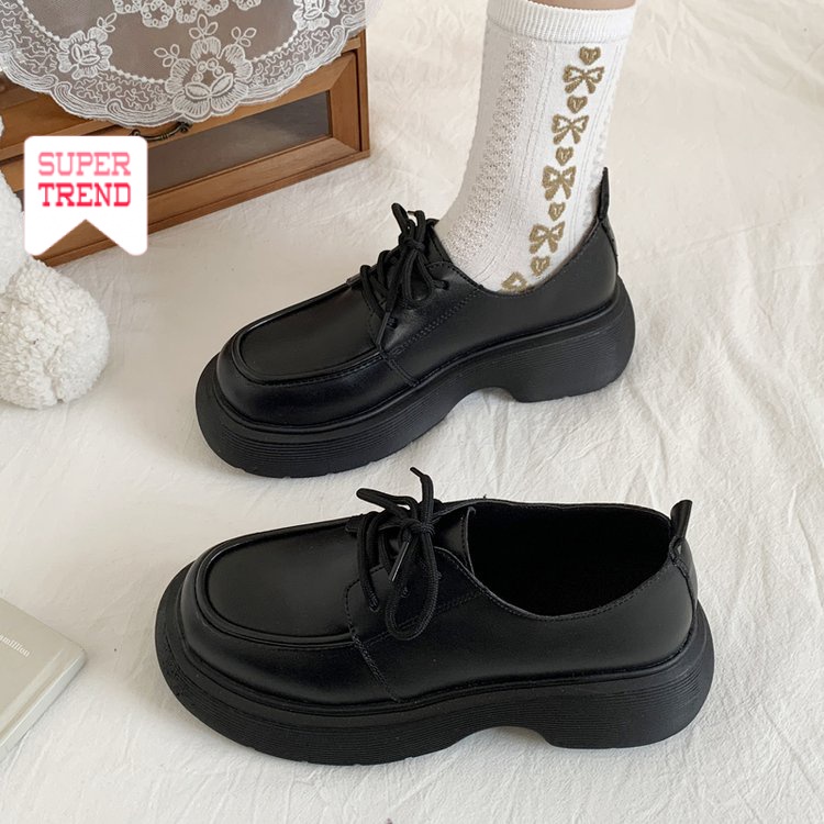 Giày Da Mũi Tròn Cột Dây Màu Trơn Đơn Giản Thoải Mái Hợp Thời Trang