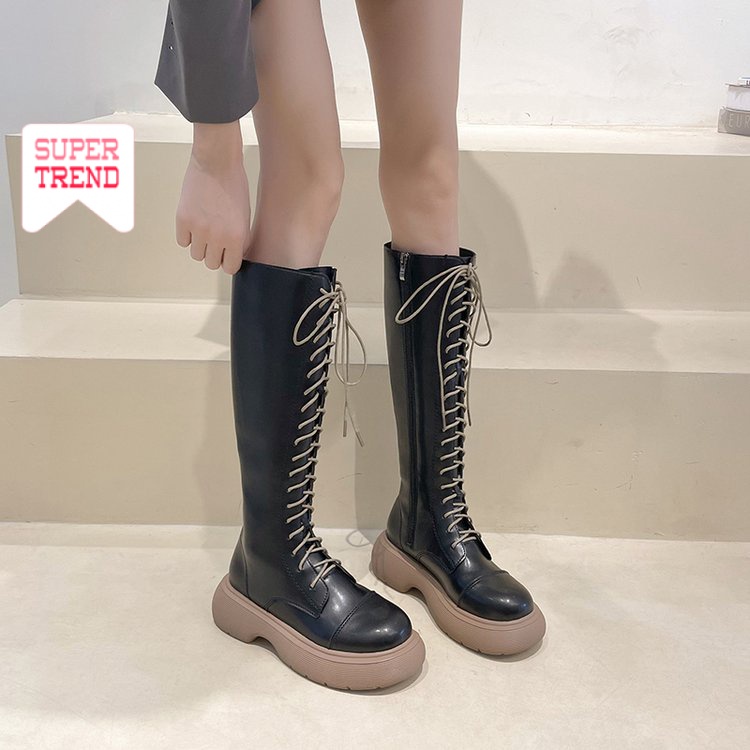 Giày Bốt Cổ Cao Mũi Tròn Cột Dây Phía Trước Buộc Dây Bên Hông Phong Cách Retro Hợp Thời Trang