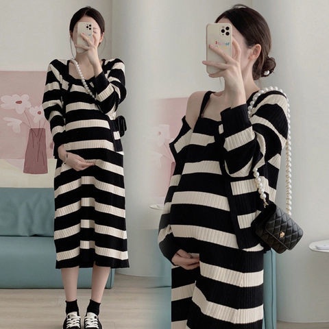 Bộ Áo Sweater Dệt Kim + Váy Yếm Dáng Dài Họa Tiết Kẻ Sọc Thời Trang Xuân Thu Xinh Xắn Cho Mẹ Bầu