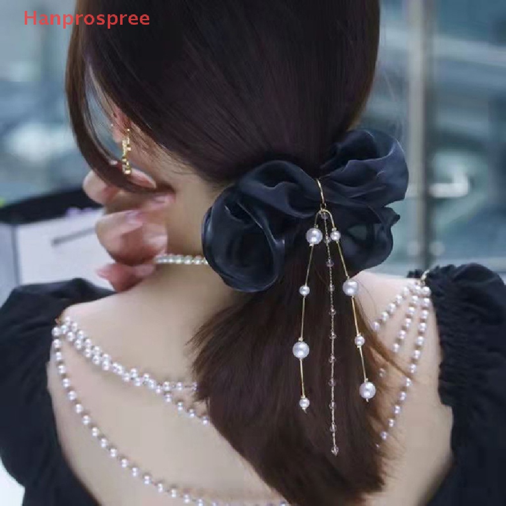 Dây Cột Tóc Chiffon Bản Lớn Đính Đá &amp; Ngọc Trai Phối Tua Rua Thời Trang Cho Nữ