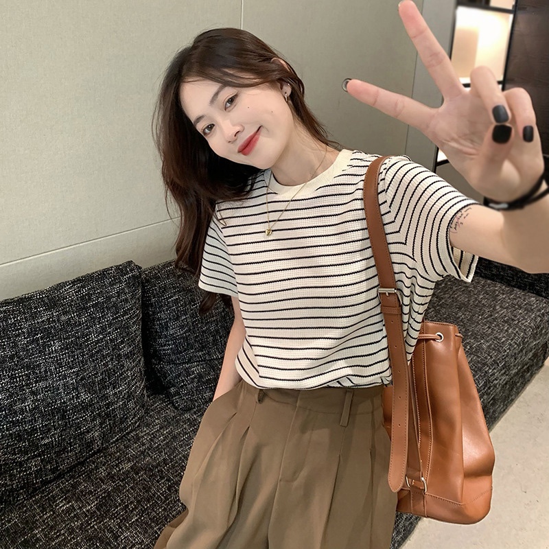 Áo Thun Cotton Tay Ngắn Dáng Rộng Họa Tiết Kẻ Sọc Phong Cách Hàn Quốc Thời Trang Cho Nữ