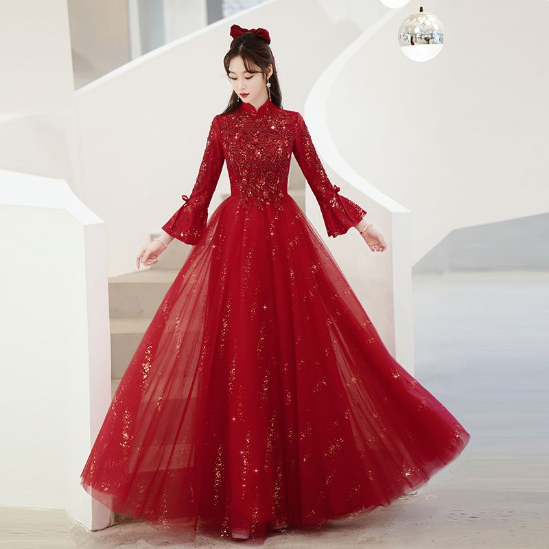 ~. Đầm Cưới Tay Dài Dáng Ôm Màu Đỏ Rượu Vang Sang Trọng Thời Trang Mùa Đông Cho Nữ