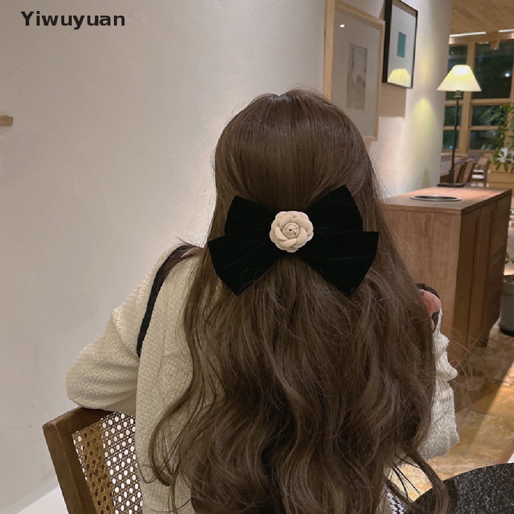 < Yiwuyuan > Kẹp Tóc Hình Nơ Nhung Đen Lớn Phong Cách Vintage Cho Nữ