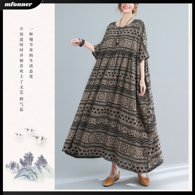 Đầm Midi Chữ A Tay Ngắn Dáng Rộng In Họa Tiết Phong Cách Bohemian Cổ Điển Thời Trang Mùa Hè Cho Nữ