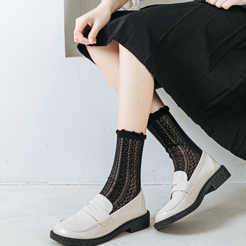 Vớ cotton mỏng FHYL màu trơn phối ren thời trang mùa hè phong cách Nhật Hàn cho nữ