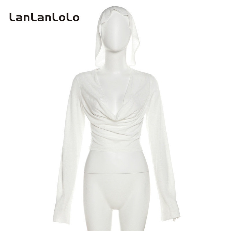 Áo hoodie mỏng LanLanLoLo tay dài màu trơn dáng rộng thời trang 2023 cho nữ