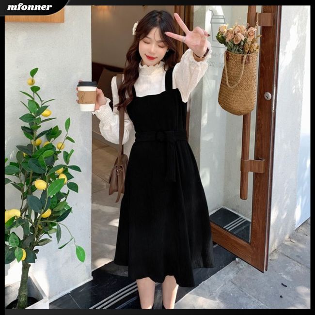 Đầm Tay Dài Giả Hai Lớp Phối Bèo Giả Hai Lớp Kèm Thắt Lưng Thời Trang Cho Gia Đình