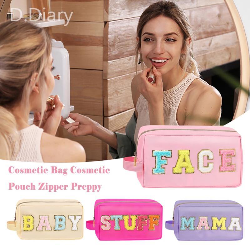 Letter Style Random Túi Đựng Mỹ Phẩm Bằng Nilon Chenille In Chữ Chống Thấm Nước Có Khóa Kéo Tiện Dụng Cho Nữ