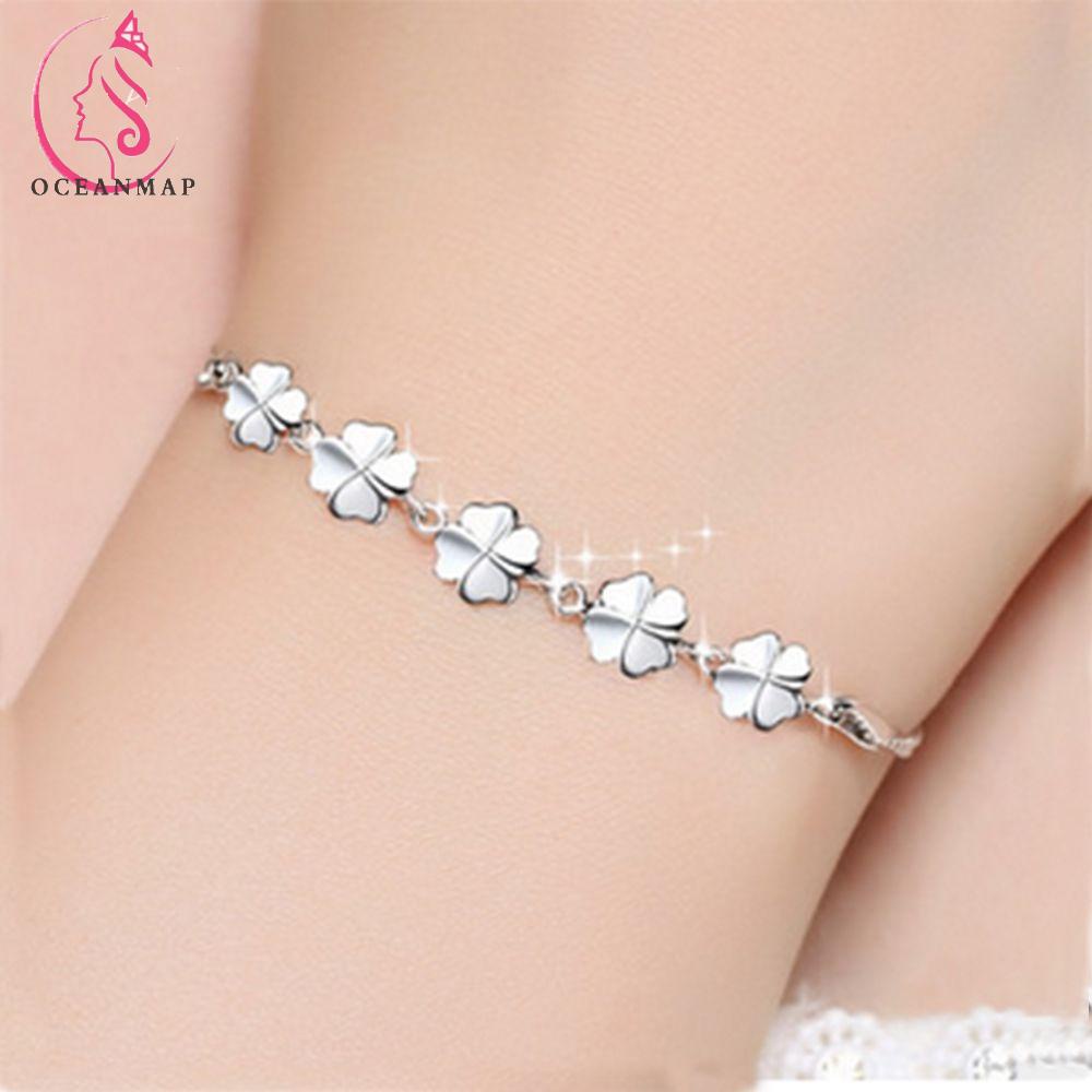 Vòng Tay Mạ Bạc Hình Cỏ Bốn Lá Dễ Thương Cho Nữ