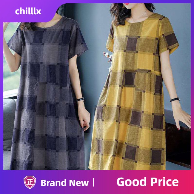 Đầm Chữ A Tay Ngắn Cổ Tròn Dáng Rộng Họa Tiết Kẻ Sọc Thời Trang Xinh Xắn Cho Nữ