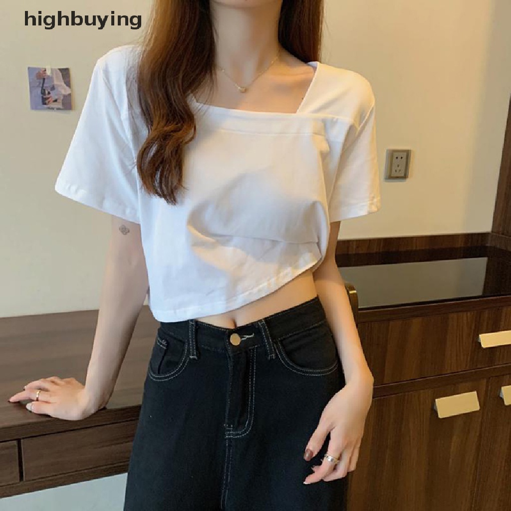 Áo Thun Lửng Cổ Vuông Tay Ngắn Màu Sắc Đơn Giản Cho Nữ