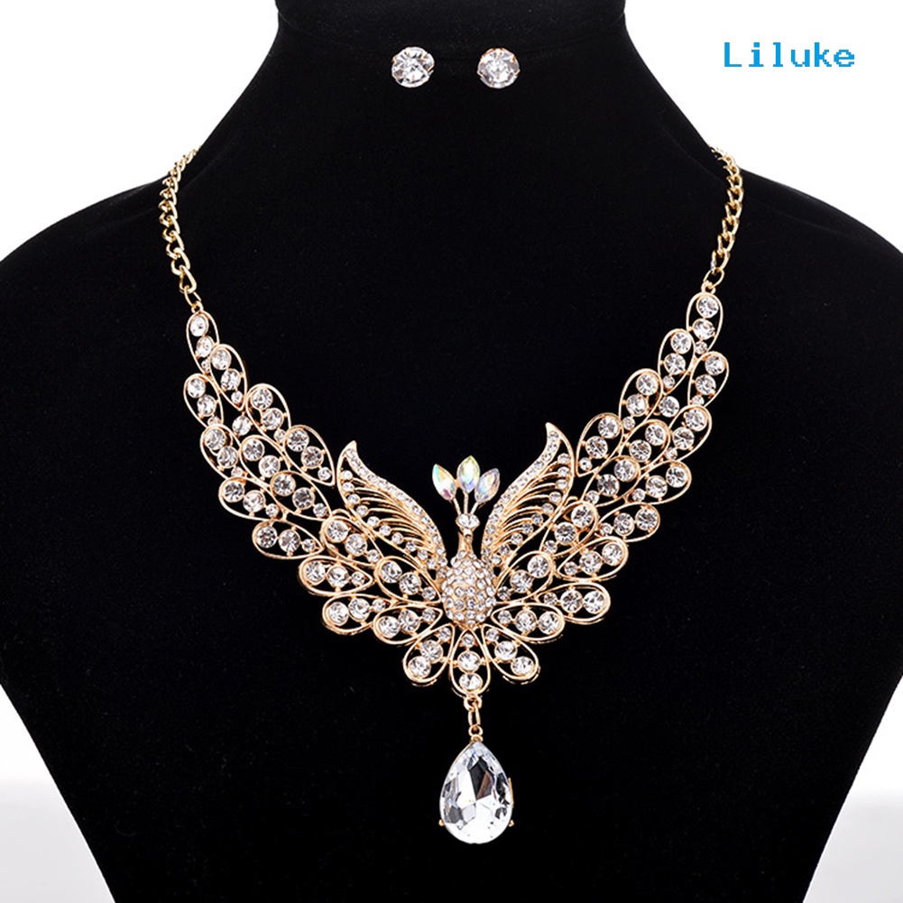 Bộ Trang Sức Vòng cổ Và Bông Tai Hình Chim Công Đính Đá Nhiều Màu Sắc