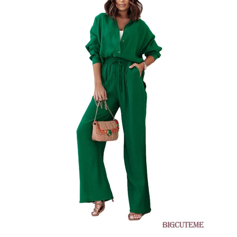 Set Đồ Mùa Xuân 2 Món Gồm Áo Sơ Mi Cổ Bẻ Tay Dài Cổ Bẻ Màu Trơn + Quần ống rộng Cho Nữ