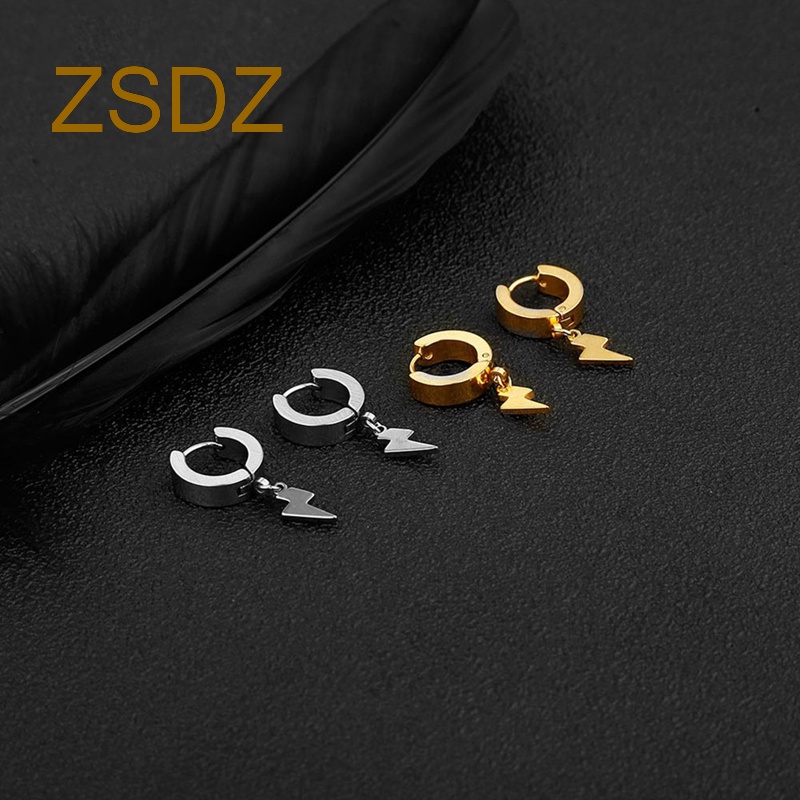 Zsdz Khuyên Tai Tròn Bằng Thép Không Gỉ Hình Tia Chớp Phong Cách Punk Hip Hop Unisex