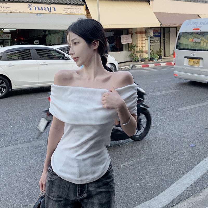 IELGY Áo sweater Dệt Kim Trễ Vai Tay Ngắn Màu Trắng Phong Cách Cổ Điển Thời Trang Cho Nữ