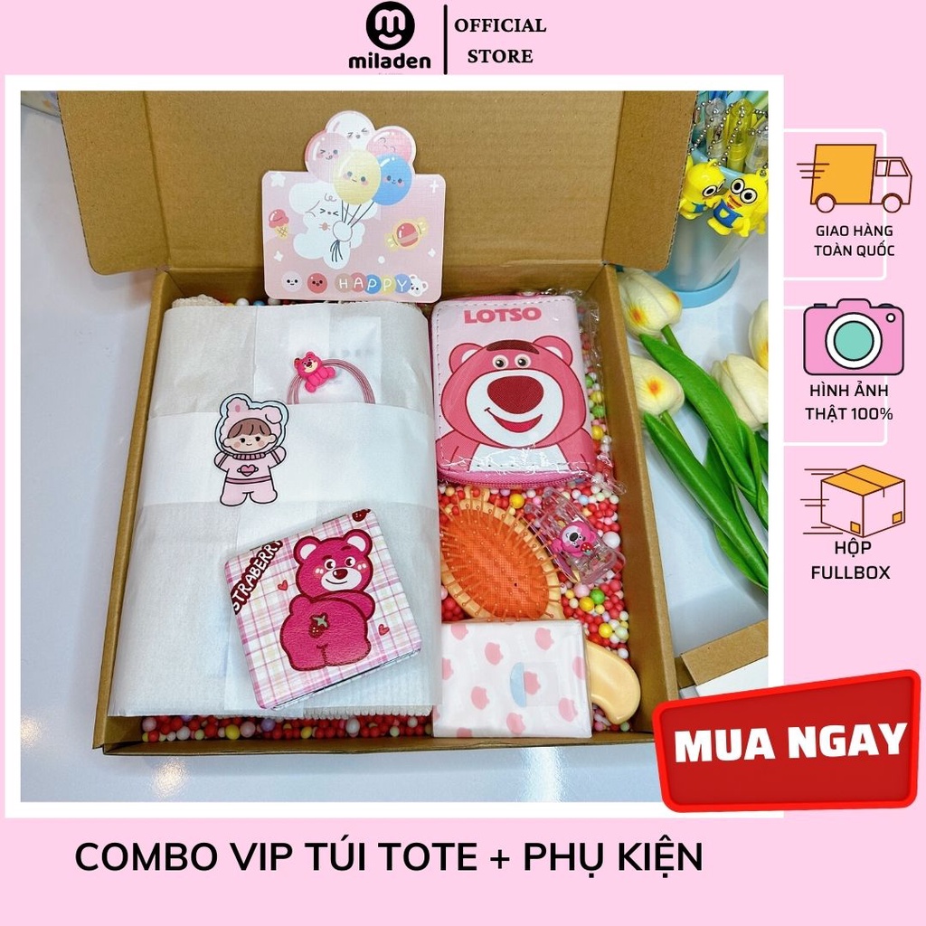 Combo Vip Phụ Kiện Túi Tote 7 món, quà tặng sinh nhật, hộp quà xinh Brand MILADEN