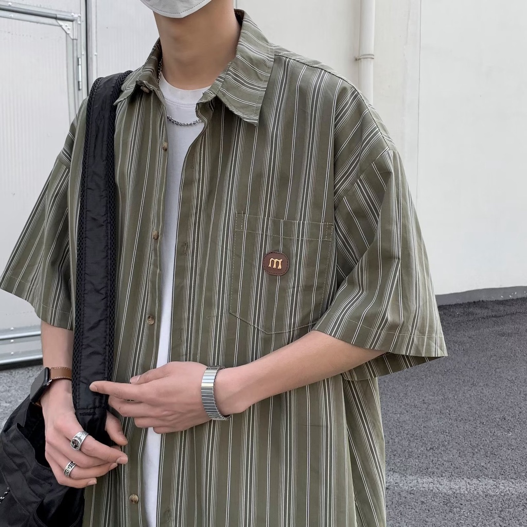 Áo Sơ Mi Tay Lửng Dáng Rộng Họa Tiết Kẻ Sọc Dọc Phong Cách Nhật Bản Cổ Điển Thời Trang Mùa