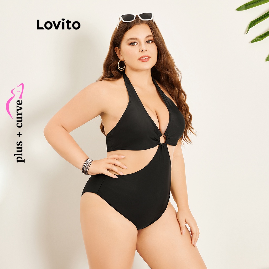 Đồ bơi Lovito một mảnh có đệm ngực cổ yếm vòng cắt xẻ xếp nếp sexy tôn đường cong size lớn cho nữ LPS07077 (Màu đen)