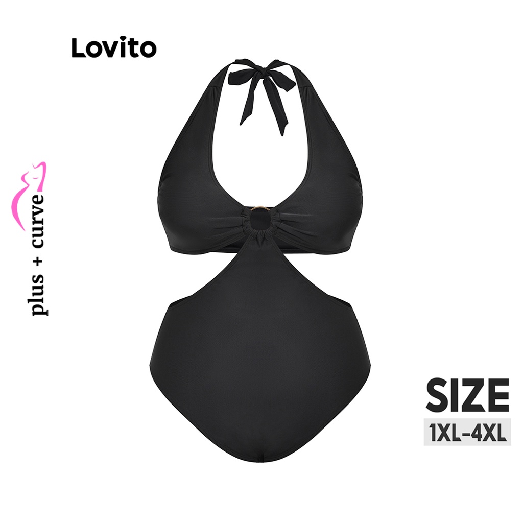 Đồ bơi Lovito một mảnh có đệm ngực cổ yếm vòng cắt xẻ xếp nếp sexy tôn đường cong size lớn cho nữ LPS07077 (Màu đen)