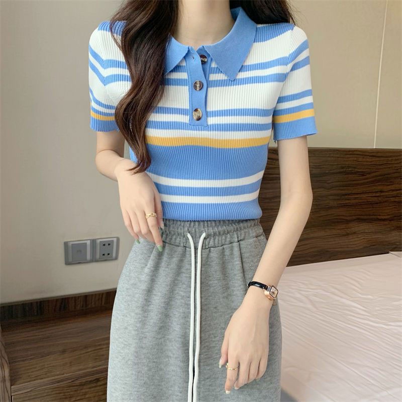 Áo polo Ngắn Tay Họa Tiết Sọc Ngang Thời Trang Dành Cho Nữ