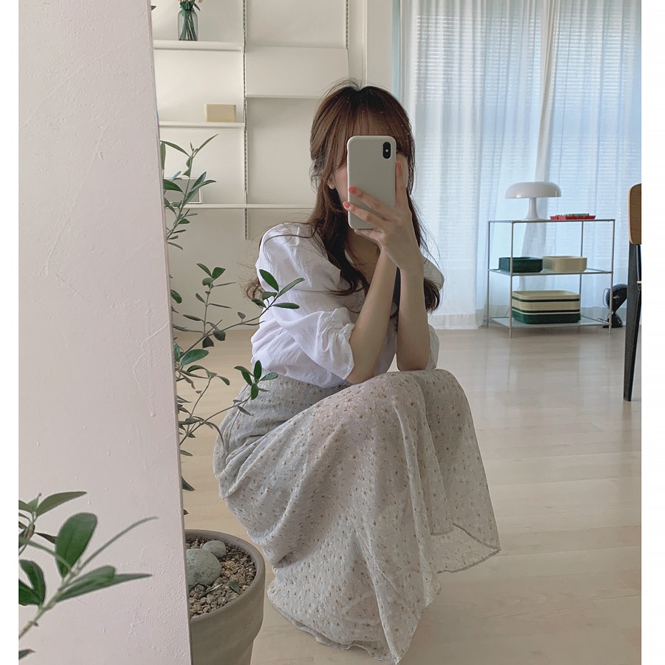 SUXI Bộ Áo Cổ Chữ V Màu Trơn + Chân Váy Hoa Lưng Cao Ôm Dáng Thời Trang Hàn Quốc