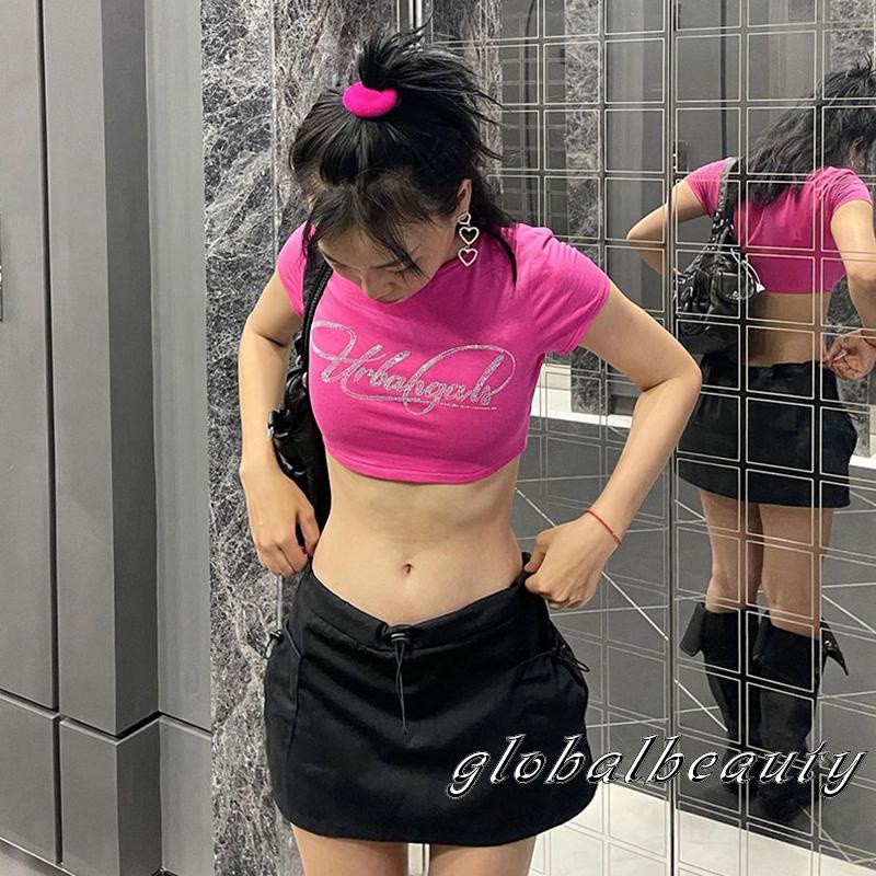 Áo Thun Croptop Tay Ngắn Cổ Tròn In Chữ Lấp Lánh Thời Trang Mùa Hè Cho Nữ