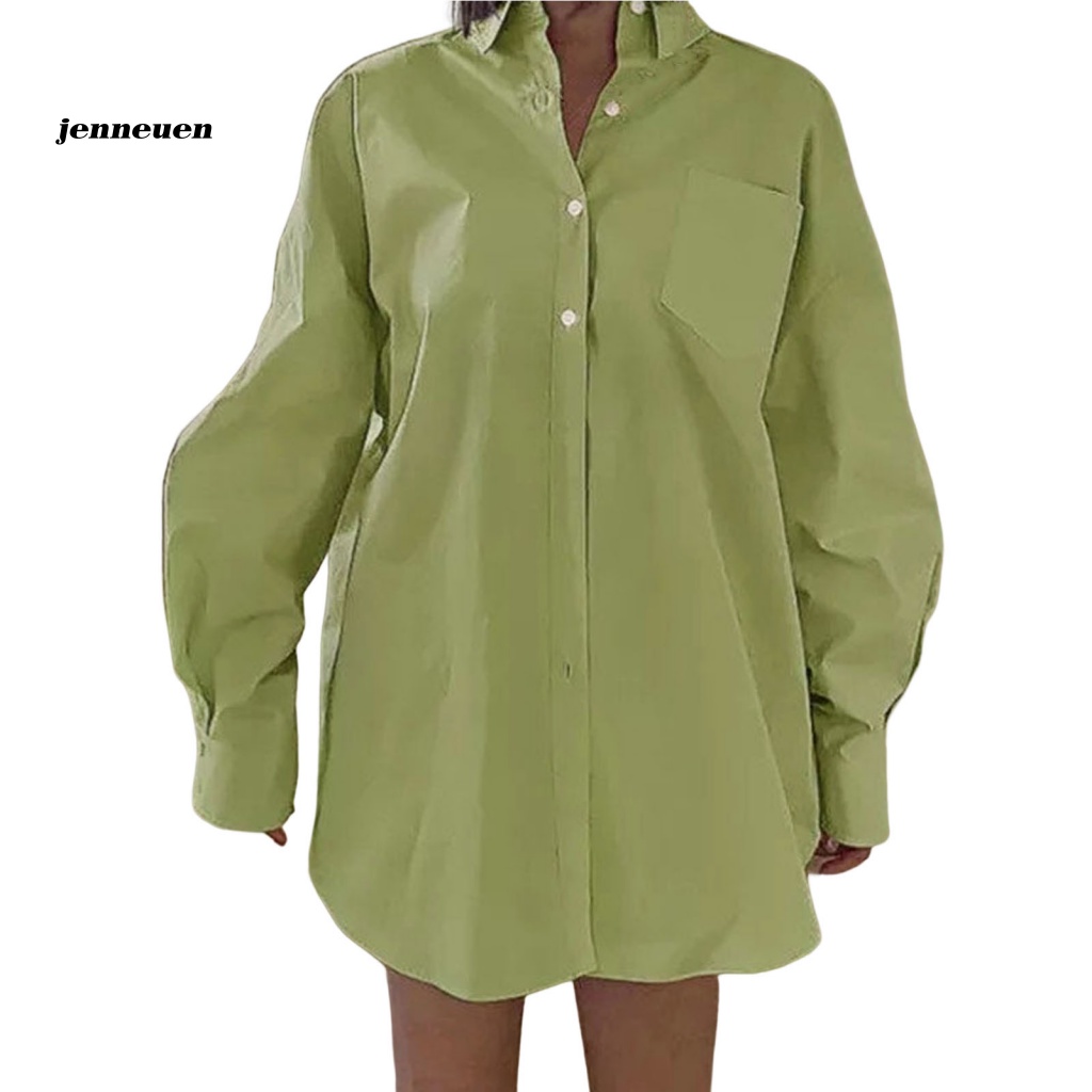 Áo Sơ Mi Dài Tay Màu Trơn Có Túi Thời Trang Cho Nữ