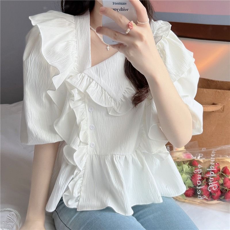Áo Sơ Mi Ngắn Tay Dáng Rộng Phối Bèo Thời Trang Hàn Quốc