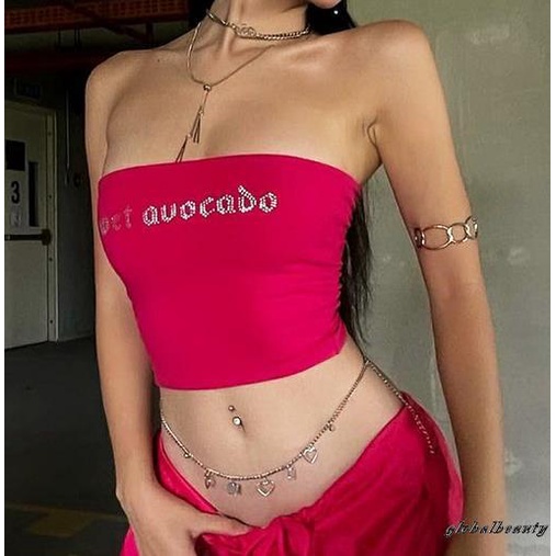 Áo Croptop Trễ Vai Không Dây Co Giãn Đính Đá In Chữ Phong Cách Đường Phố Thời Trang Mùa Hè Cho Nữ