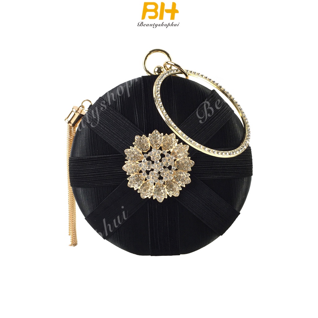 Túi Xách Dự Tiệc Đính Đá Phối Dây Xích Tròn Thiết Kế Mới Cao Cấp Thời Trang Cho Nữ