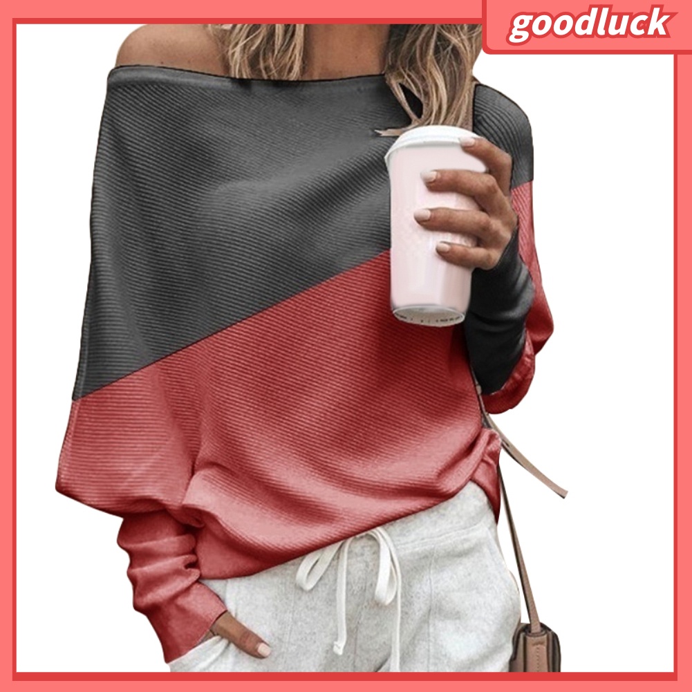 Áo Thun Tay Dài Dáng Rộng Hở Vai Màu Sắc Khối Thời Trang Xuân Thu Quyến Rũ Cho Nữ